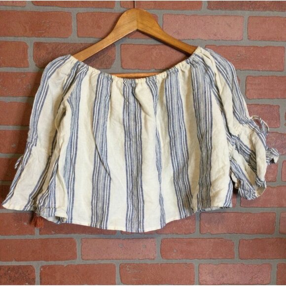 Tularosa Women Striped Off Shoulder Linen Tassel Blouse Top 3/4 Sleeve SZ Small - Picture 5 of 10